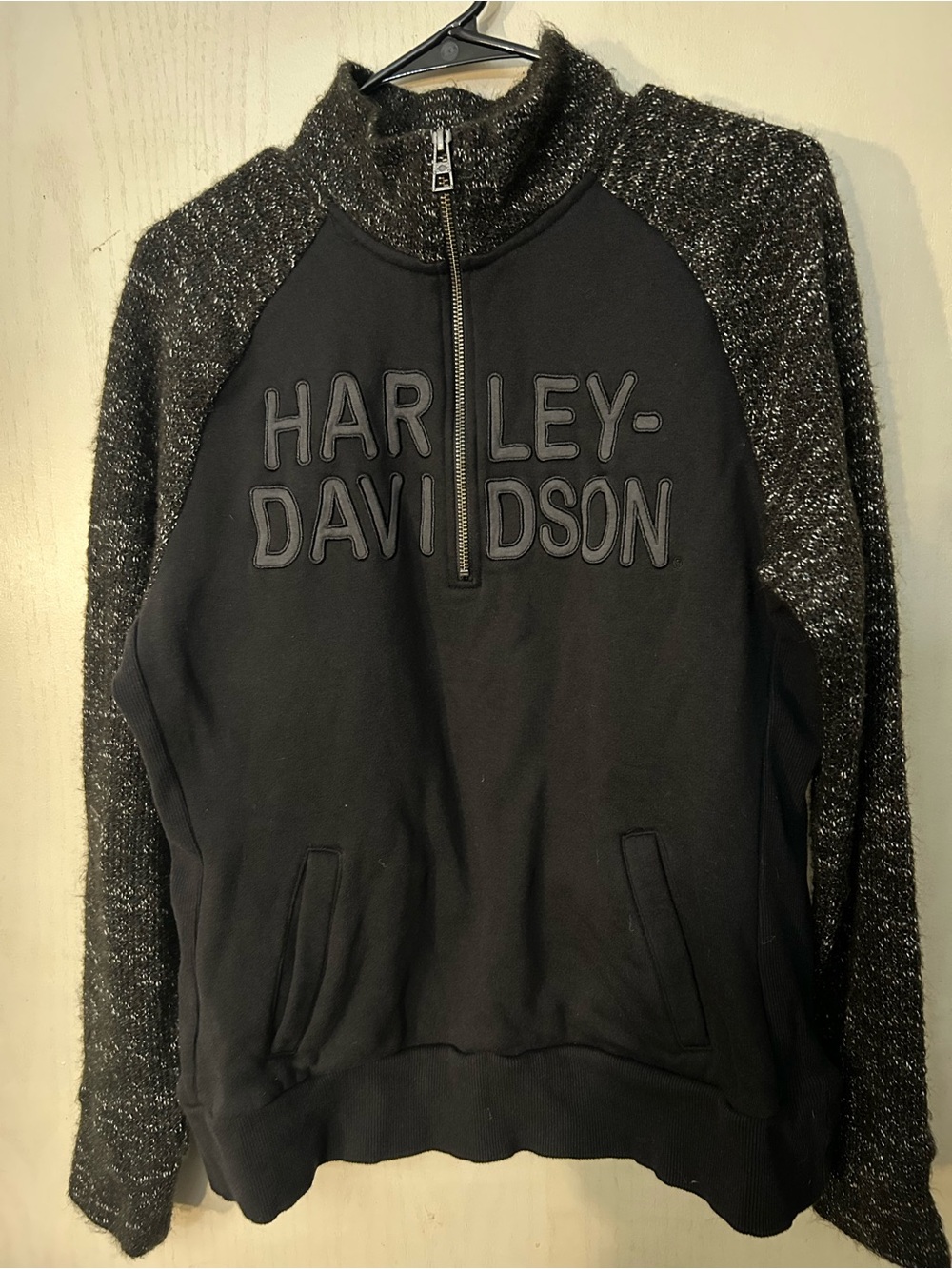 Harley-Davidson Black Zip-Up Sweatshirt with Charcoal Knit Sleeves